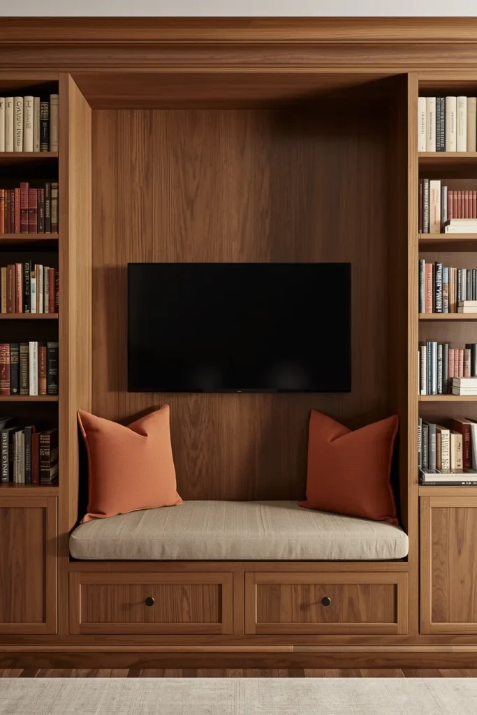 TV Wall Unit With Integrated Reading Nook and Bench