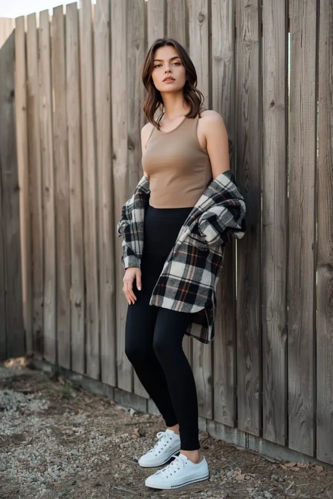 Tank Top with Oversized Flannel and Leggings
