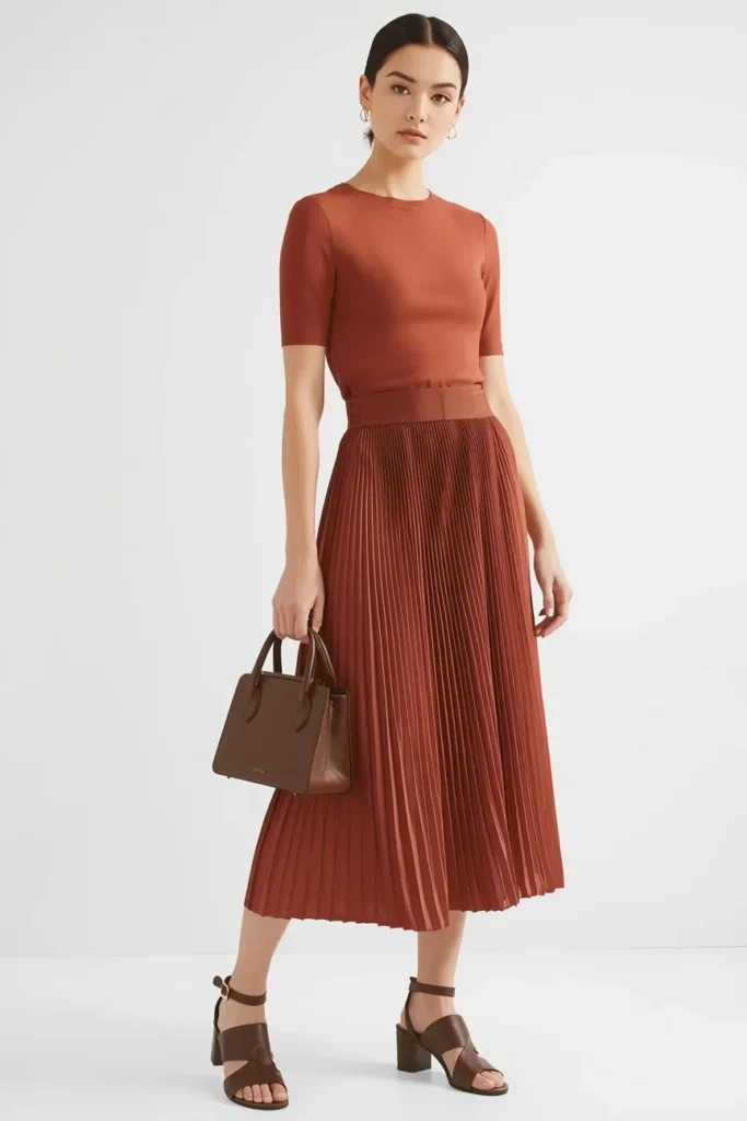 Terracotta Pleated Skirt and Matching Blouse Set