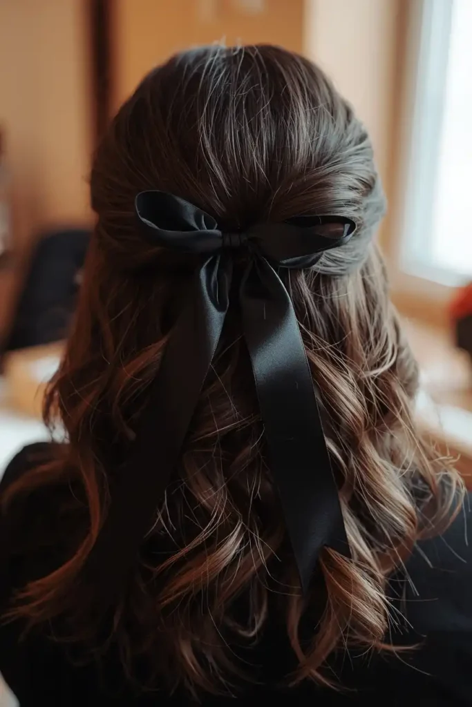 Textured Half-Up Style With Black Ribbon Detail

