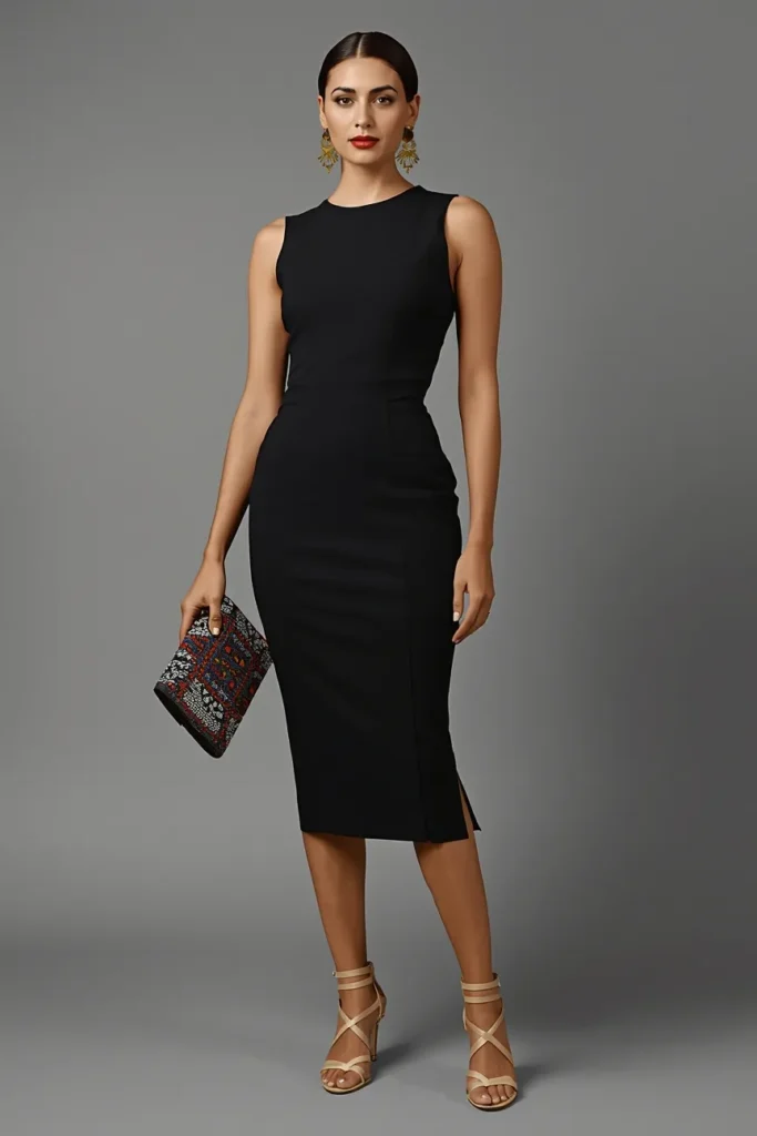 Timeless Black Midi Dress with Statement Accessories