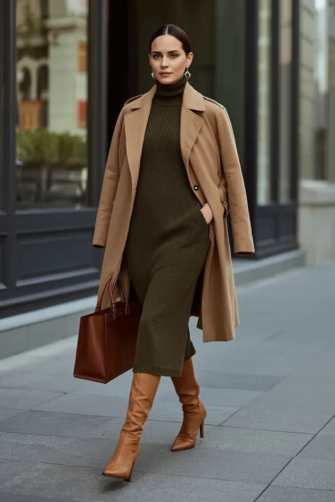 Trench Coat Over a Simple Knit Dress