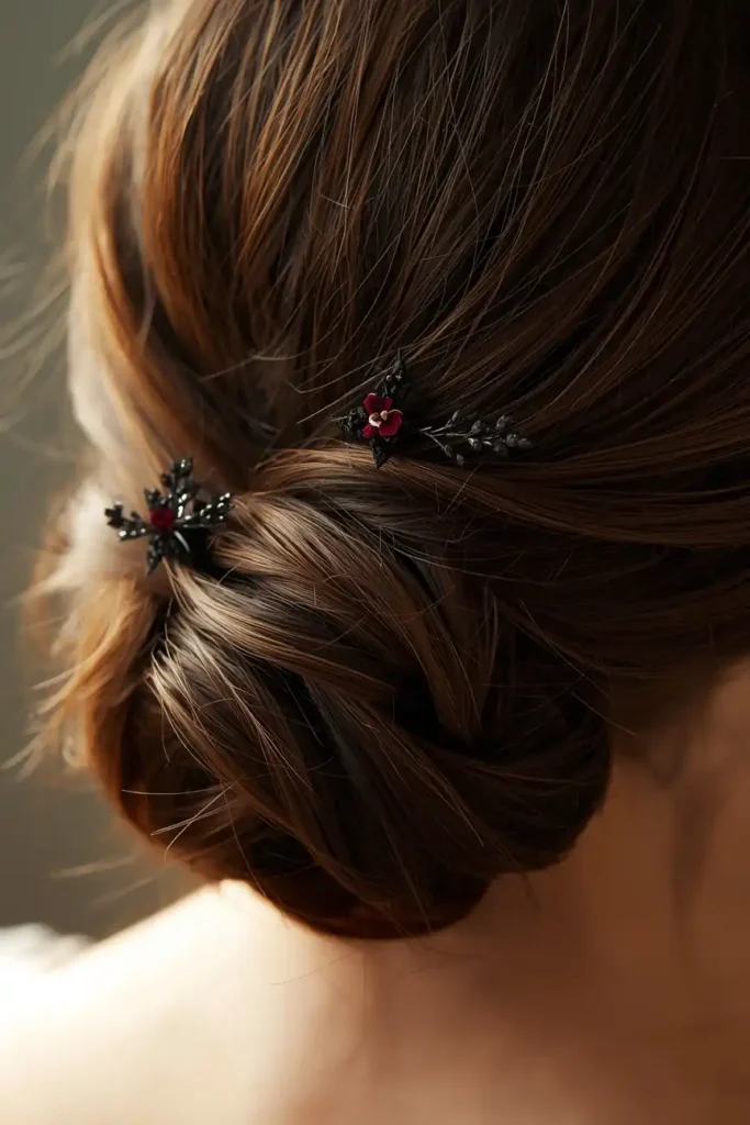 Twisted Chignon With Dark Floral Pins