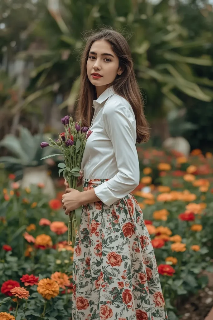 Vintage Floral Midi Skirt With a White Blouse