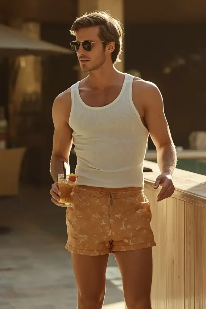 Vintage-Inspired Swim Shorts and a Solid Ribbed Tank Top