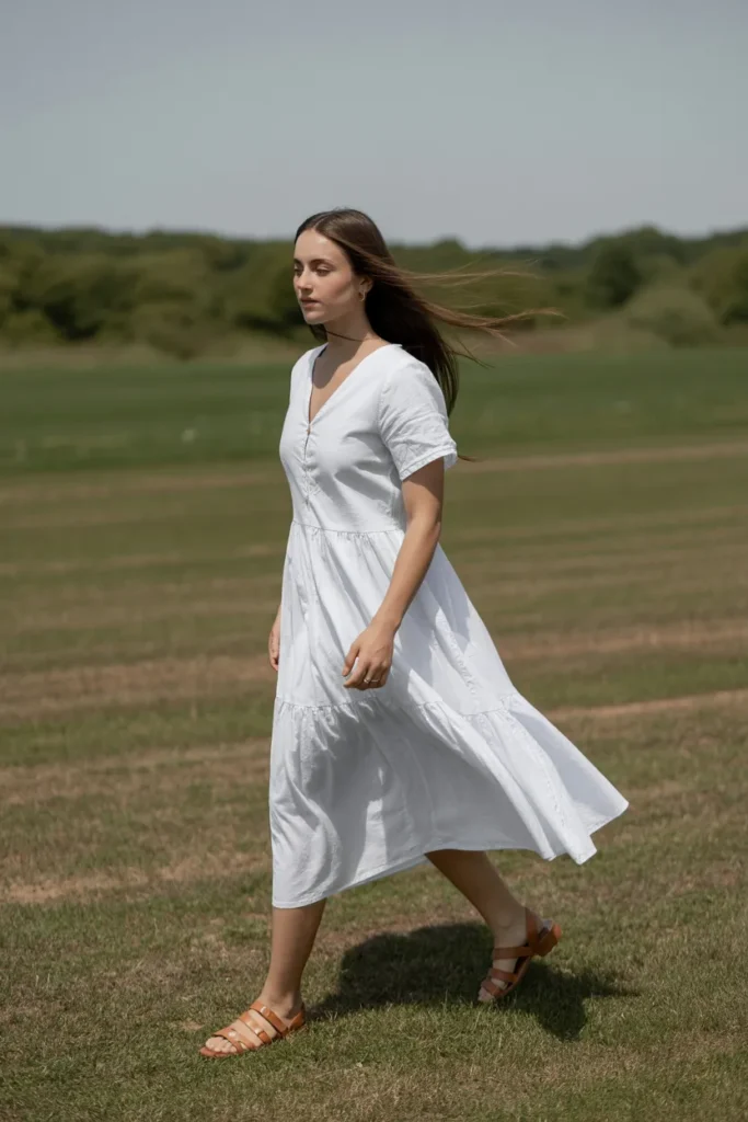 White Cotton Dress with Leather Sandals