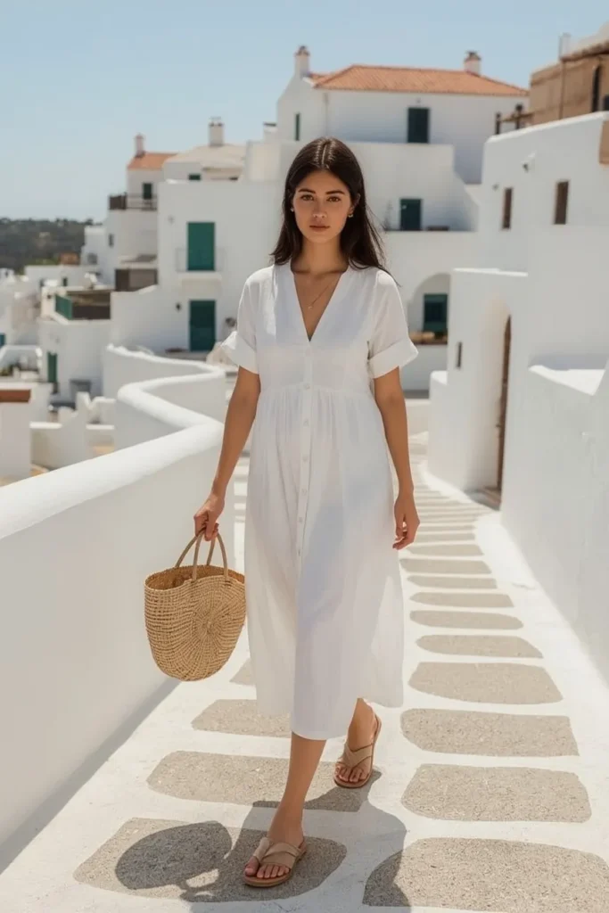 White Linen Dress with Straw Bag