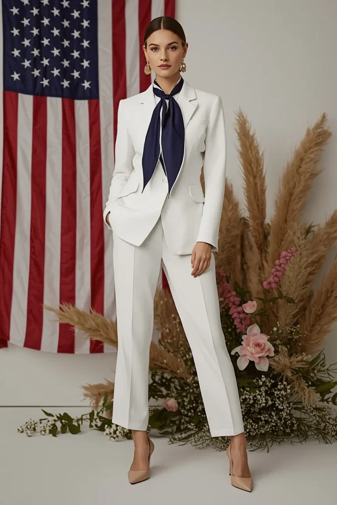 White Linen Suit with Blue Silk Scarf