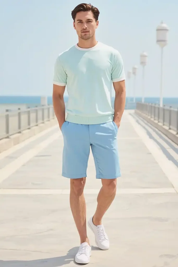 White Sneakers, Slim Chinos, and a Soft Knit Tee in Coastal Colors