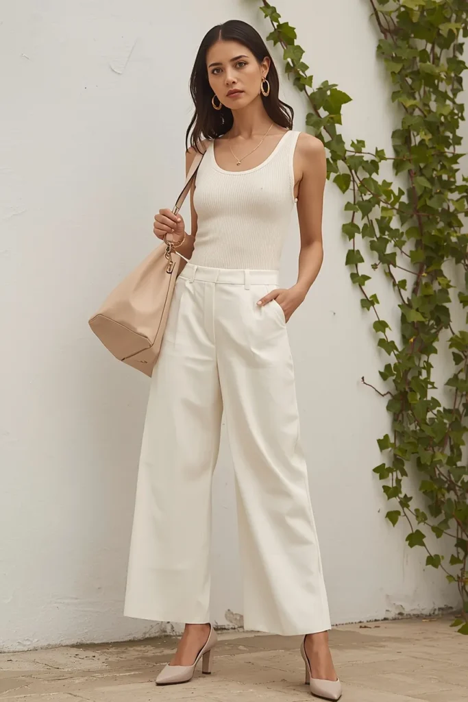 White Wide-Leg Trousers With a Fitted Top