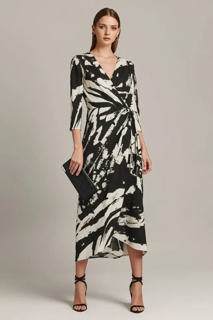 White and Black Printed Wrap Midi Dress