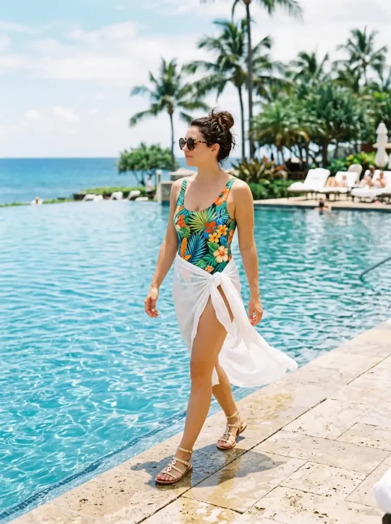 A Bright One-Piece Under a Sheer Sarong Skirt