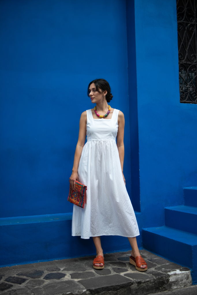 A Classic White Sundress Styled With Colorful Accessories