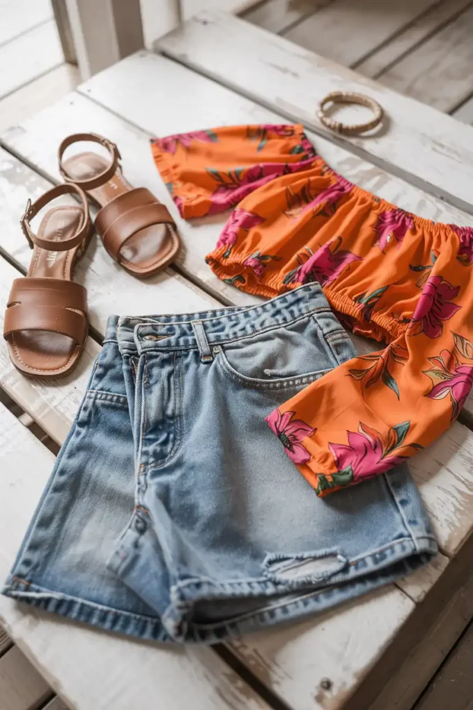 A Denim Cut-Off Shorts and Printed Off-Shoulder Top Combo