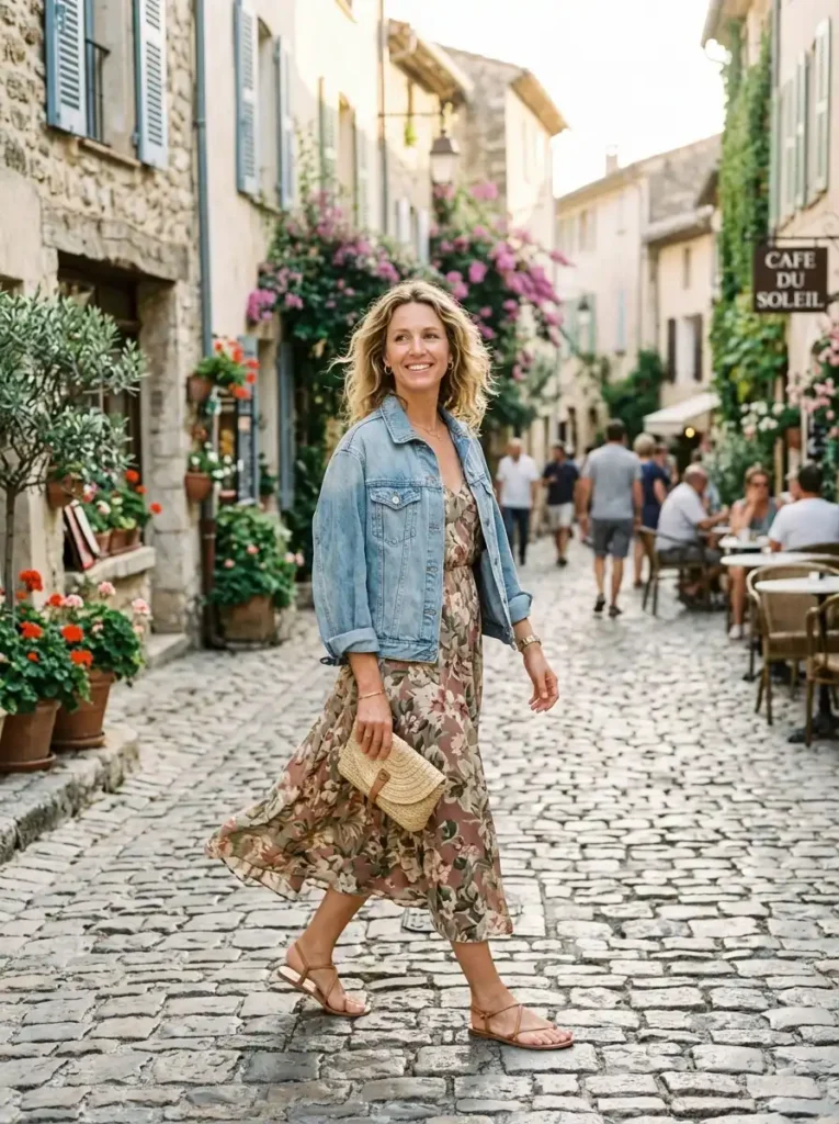 A Flowy Midi Dress With Flat Sandals and a Denim Jacket