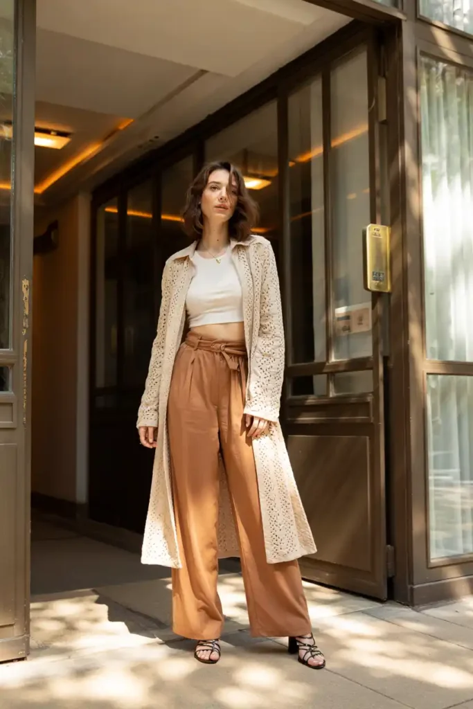 A Lace or Crochet Top with Trousers