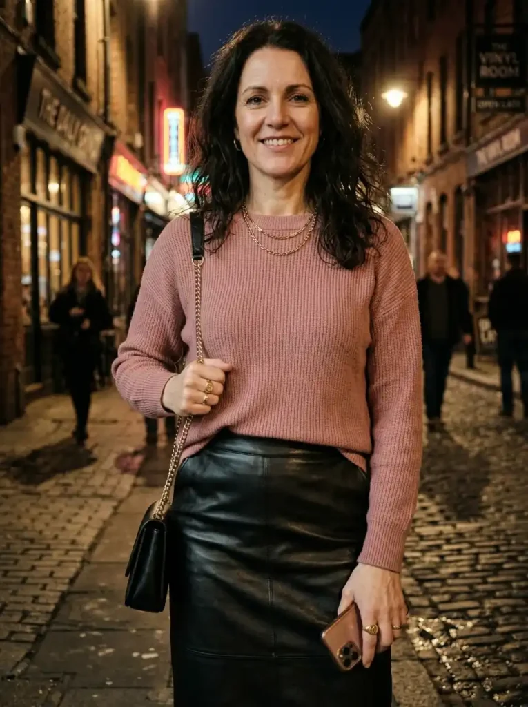 A Leather or Faux Leather Skirt With a Soft Knit Top