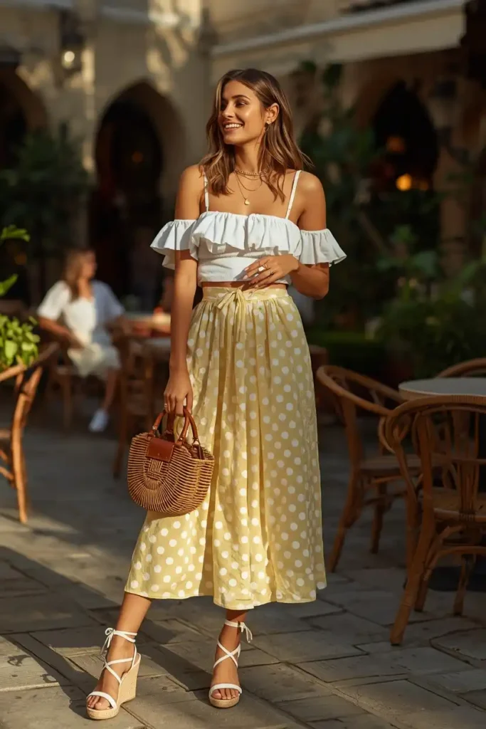 A-Line Polka Dot Skirt With an Off-Shoulder Ruffle Top