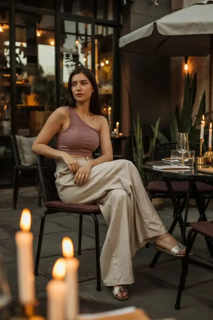 A One-Shoulder Top With Linen Trousers for Evening Outings