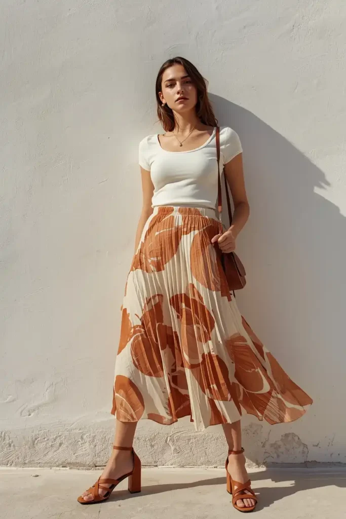 A Printed Midi Skirt With a Simple Fitted Top