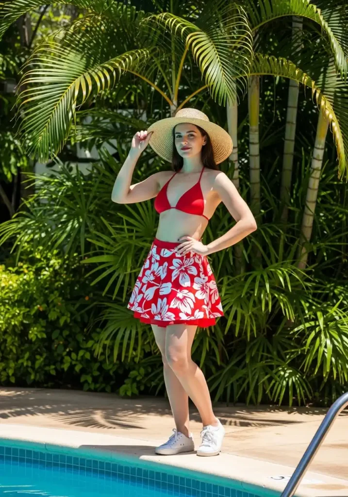 A Printed Mini Skirt Over a Solid Swimsuit