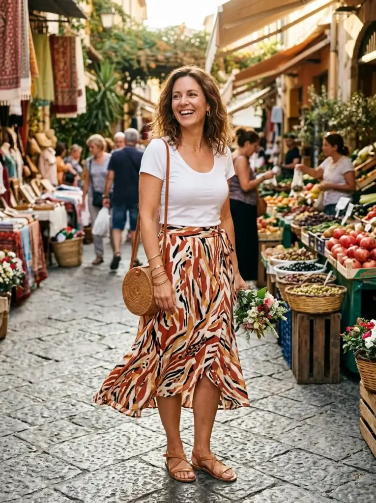 A Printed Wrap Skirt With a Simple Fitted Top