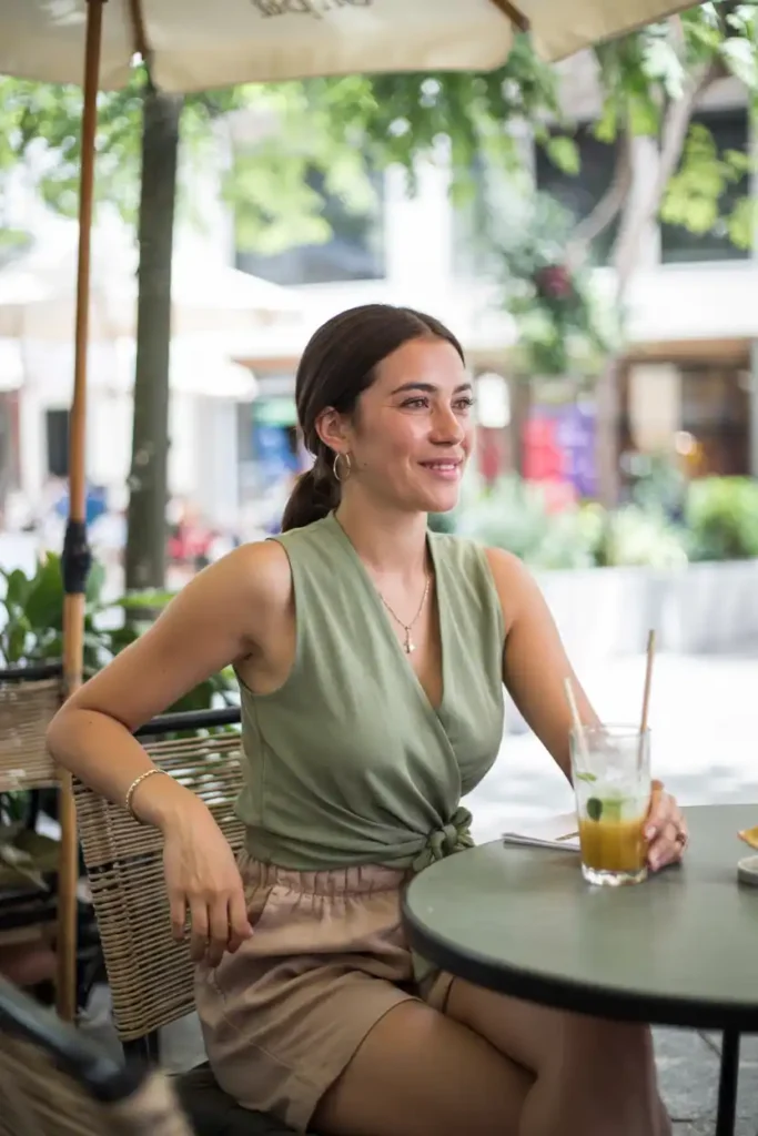 A Sleeveless Wrap Top Paired With Linen Shorts