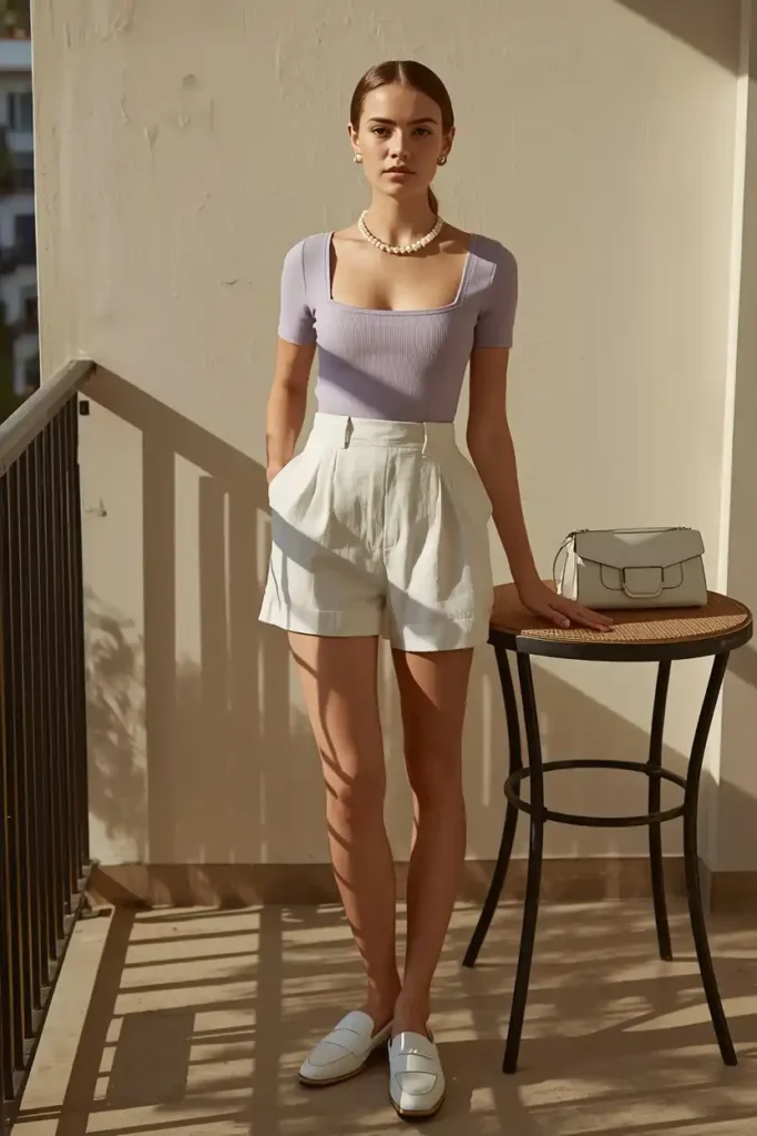 A Square-Neck Top With Tailored Shorts for a Polished Casual