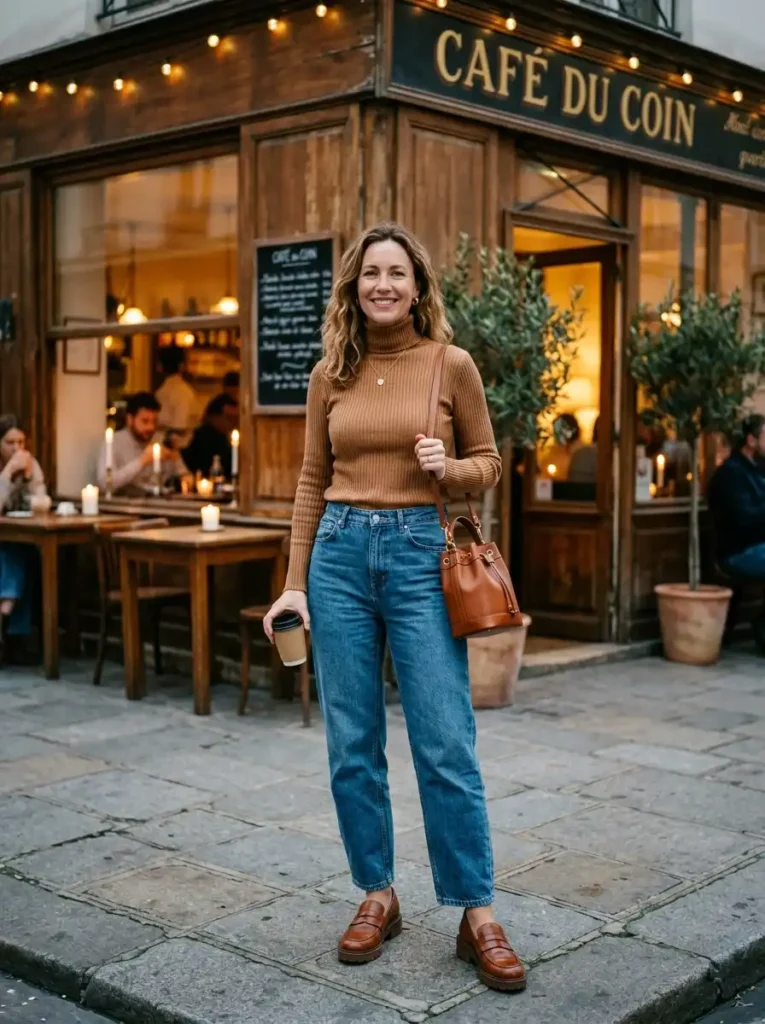 Barrel-Leg Jeans With a Fitted Turtleneck and Loafers