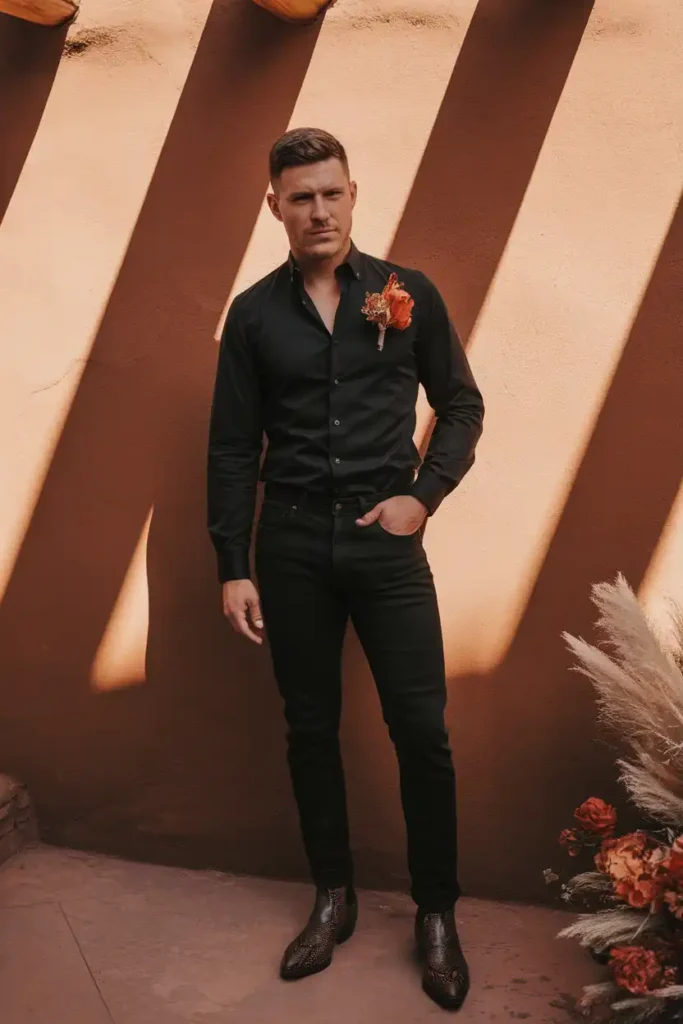 Black Jeans with Pointed-Toe Snakeskin Boots