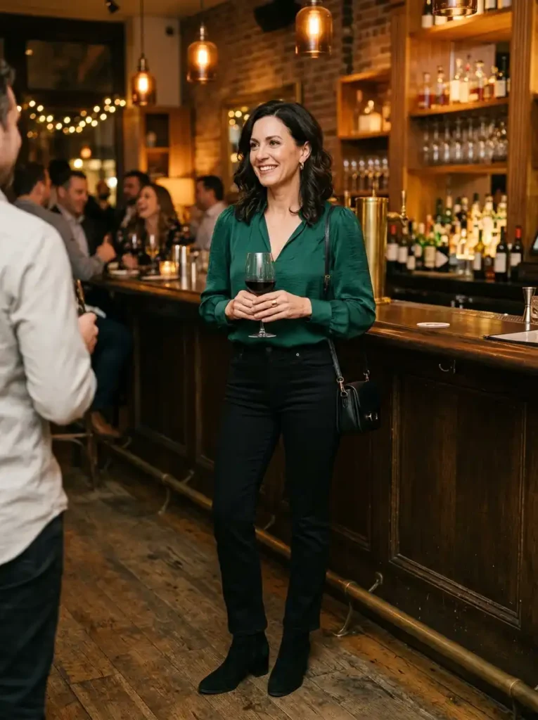 Black Straight-Leg Jeans and a Statement Blouse