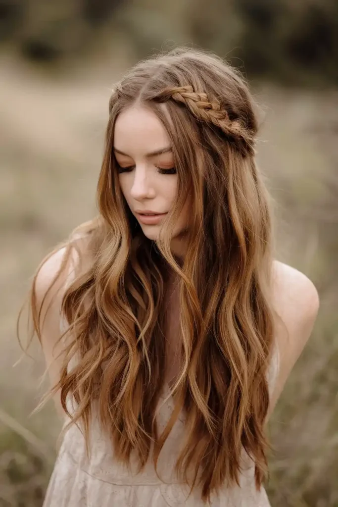 Bohemian Braided Crown With Wavy Hair Down