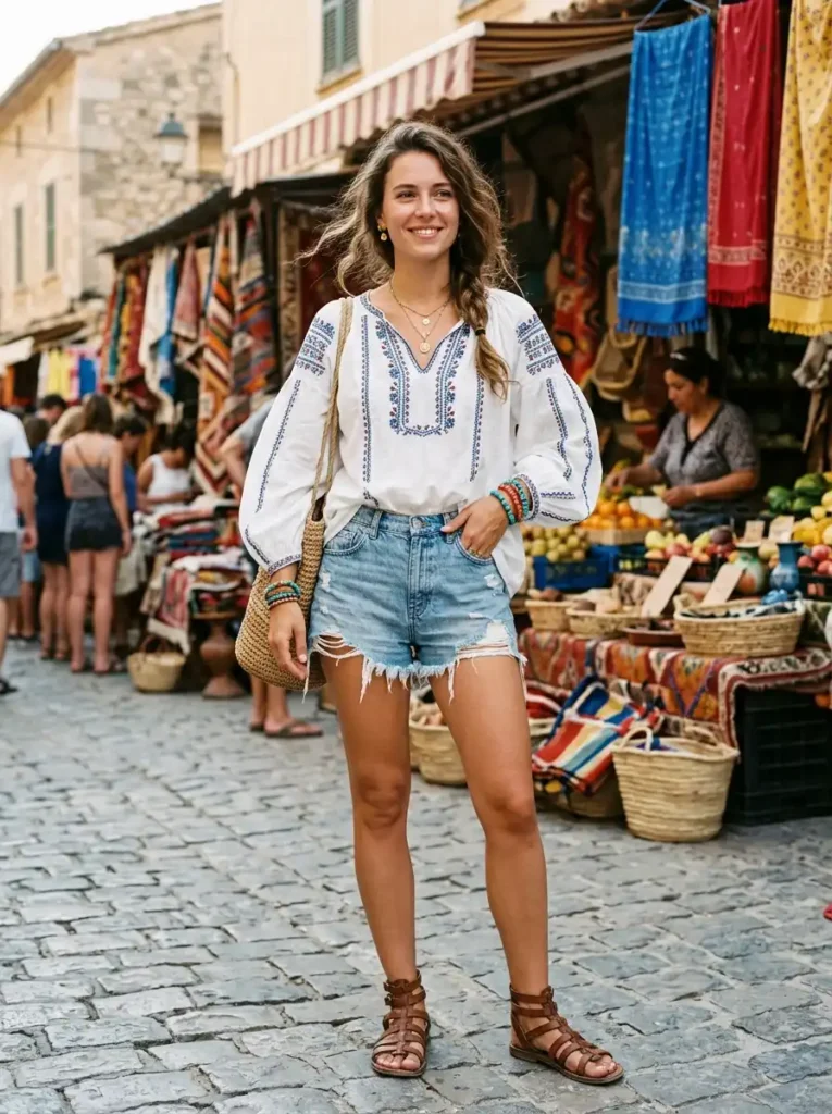 Boho Embroidered Blouse and Denim Cutoffs