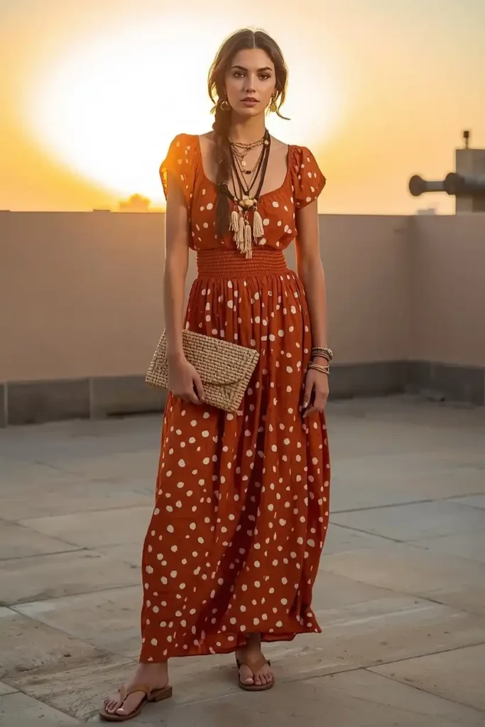 Boho Maxi Dress With Scattered Dot Print and Tassel Details