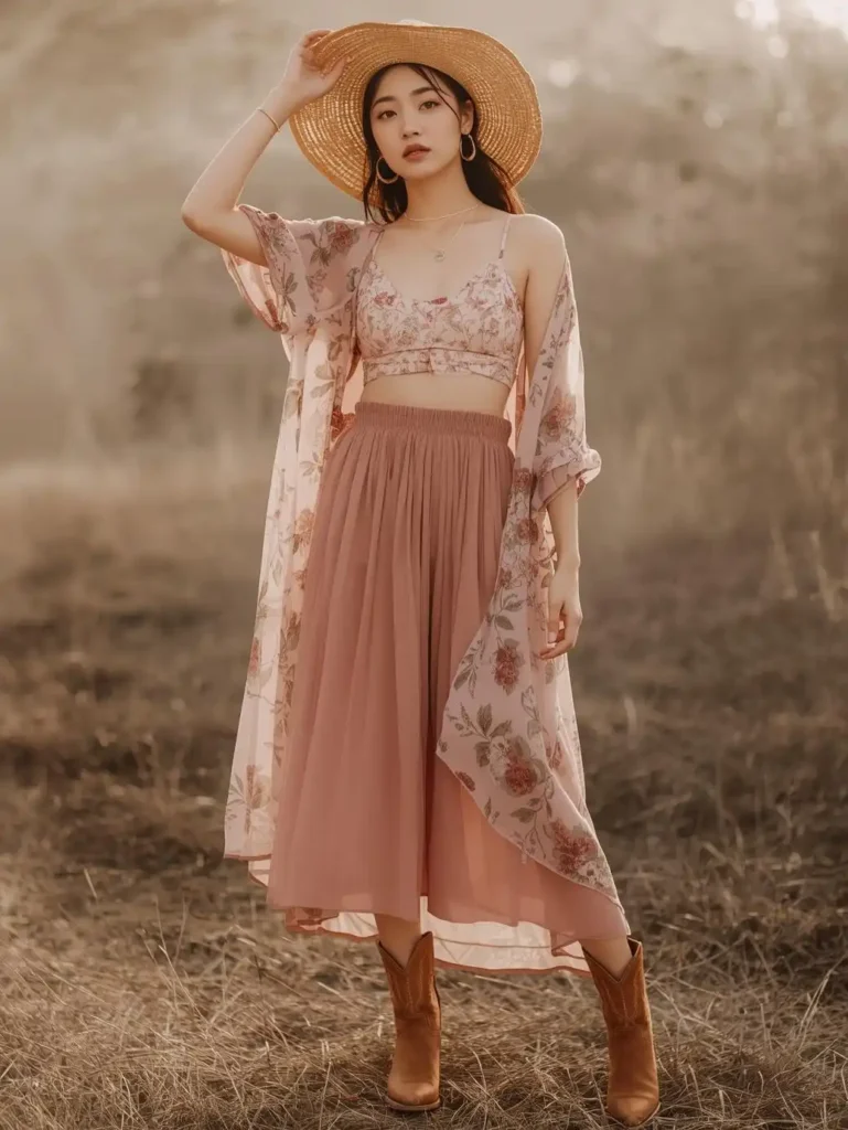 Bralette, High-Waisted Skirt, and Sheer Kimono