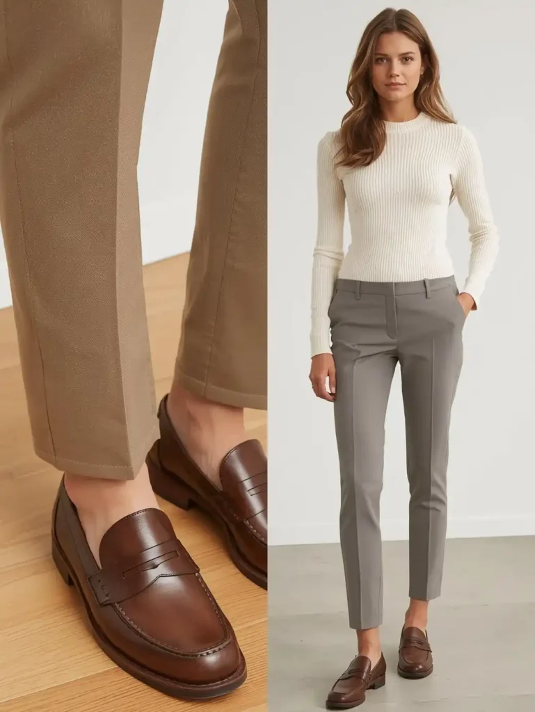 Brown Leather Loafers and Cropped Tailored Trousers
