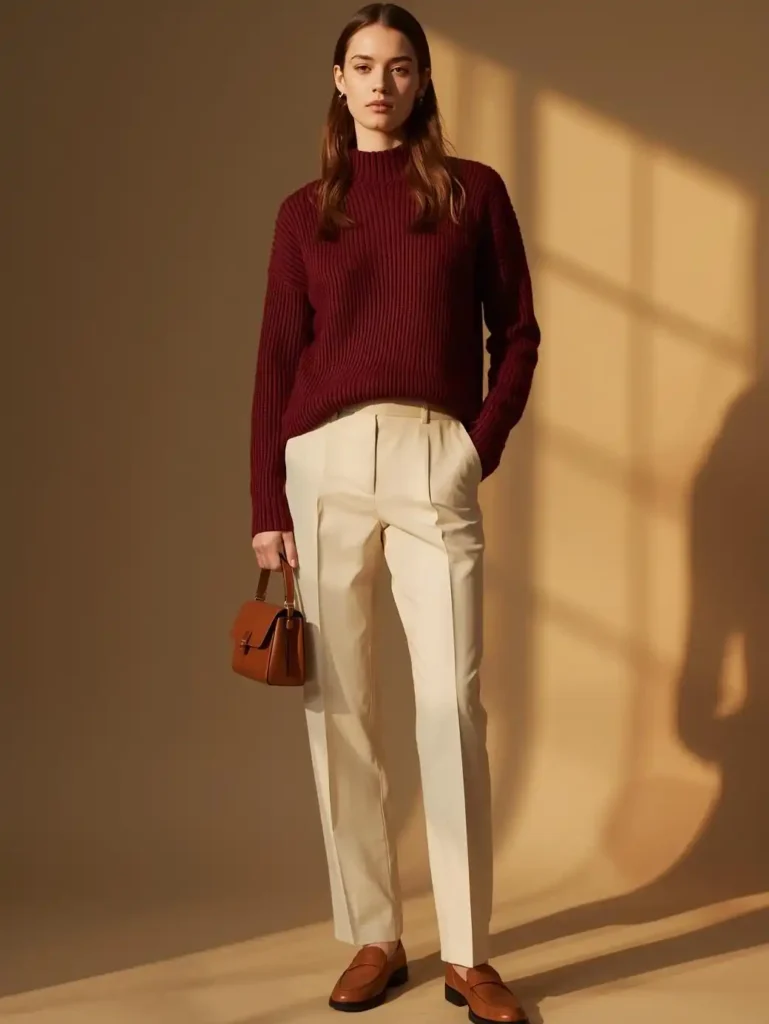 Burgundy Knit and Straight-Leg Cream Trousers