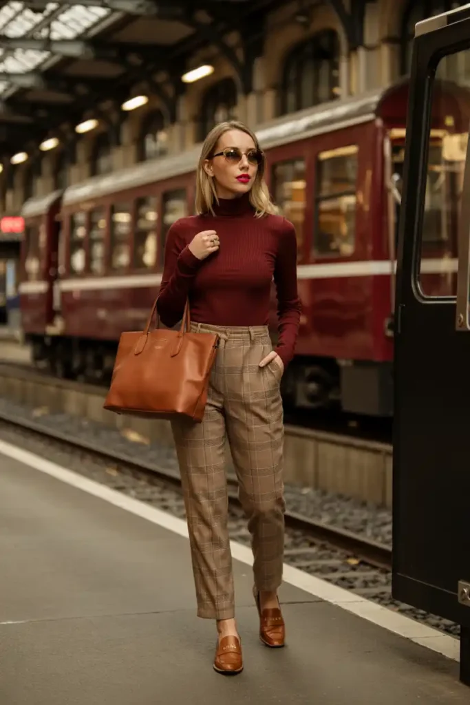 Burgundy Turtleneck with Tailored Plaid Trousers