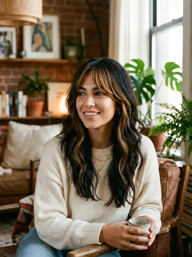 Caramel Highlights Paired With Dark Curtain Bangs