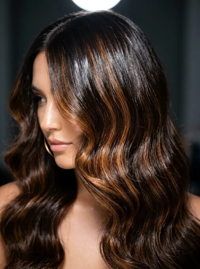Caramel Highlights on Dark Hair With a Gloss Finish