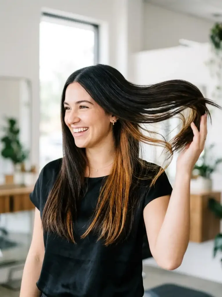 Caramel Peekaboo Highlights on Dark Straight Hair