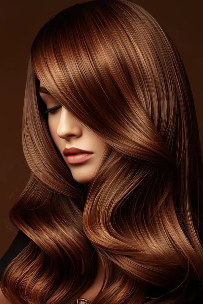 Caramel Ribbon Balayage and Sweeping Bangs