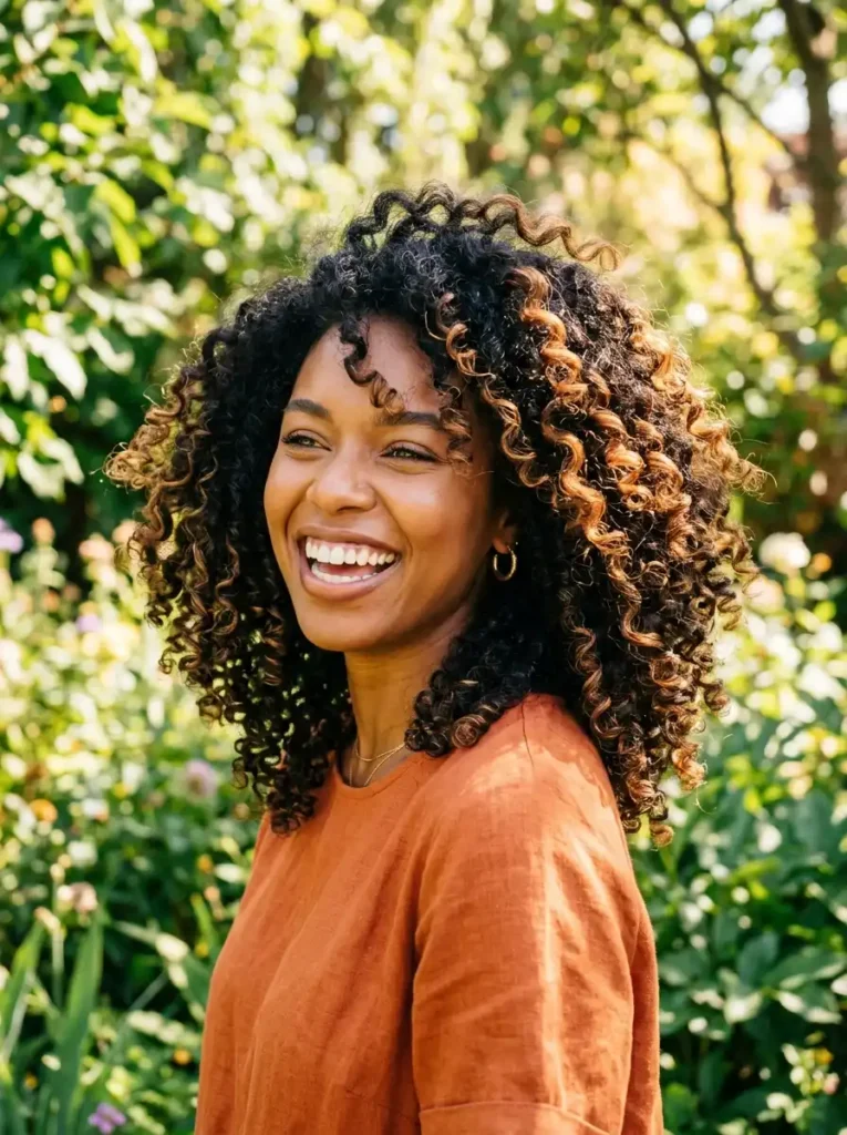 Caramel Ribbon Highlights Through Loose Dark Curls