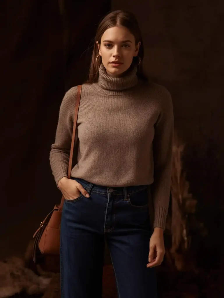 Cashmere-Look Turtleneck With Dark Straight Jeans