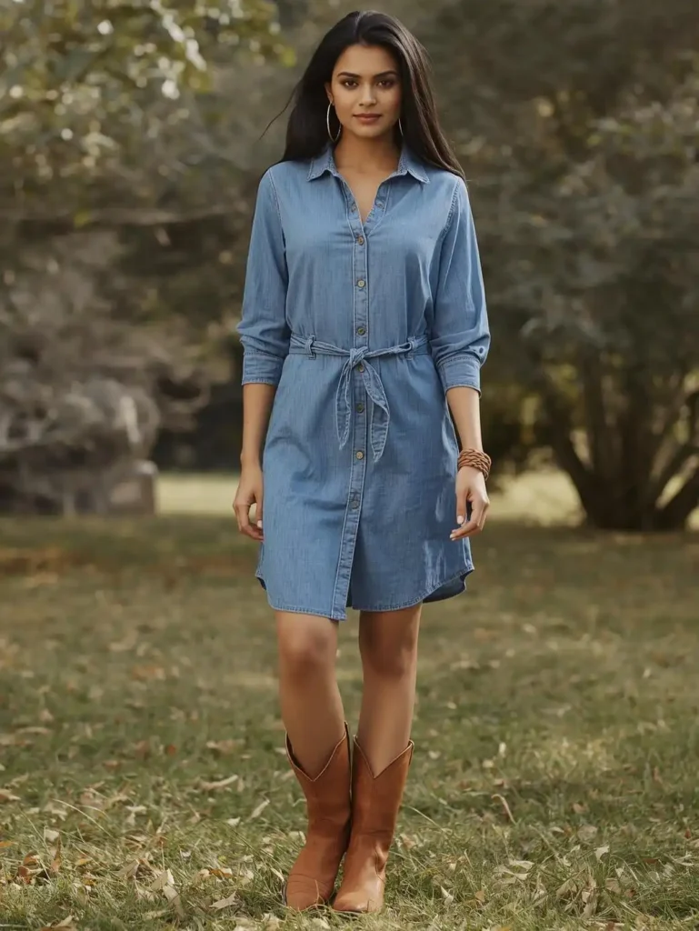 Chambray Shirt Dress With Boots