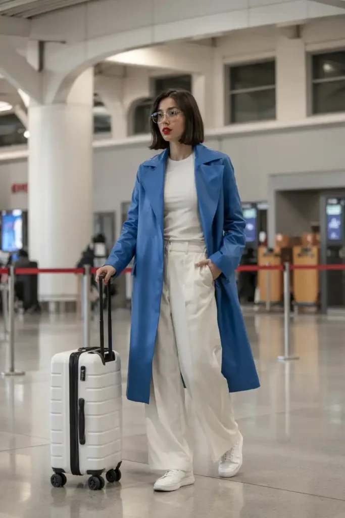 Chic Airport Look with Wide-Leg White Trousers and a Statement Coat