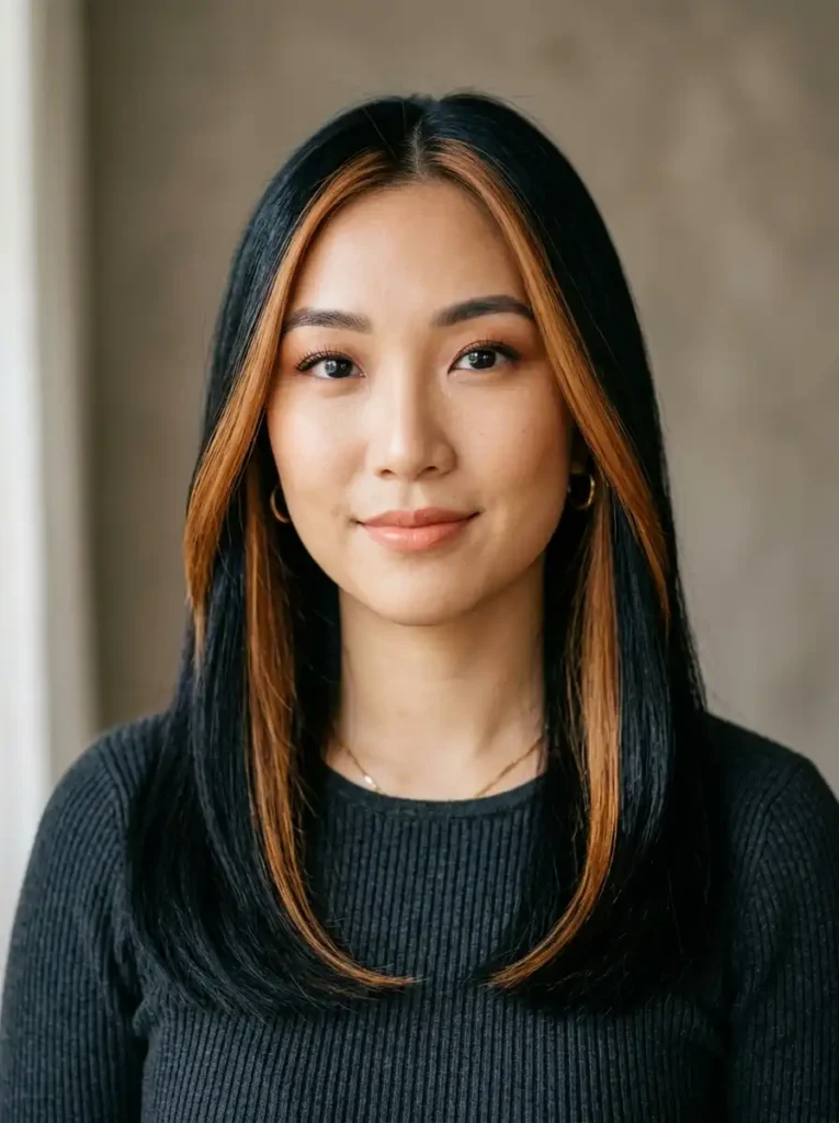 Chunky Caramel Face-Framing Pieces on Black Hair