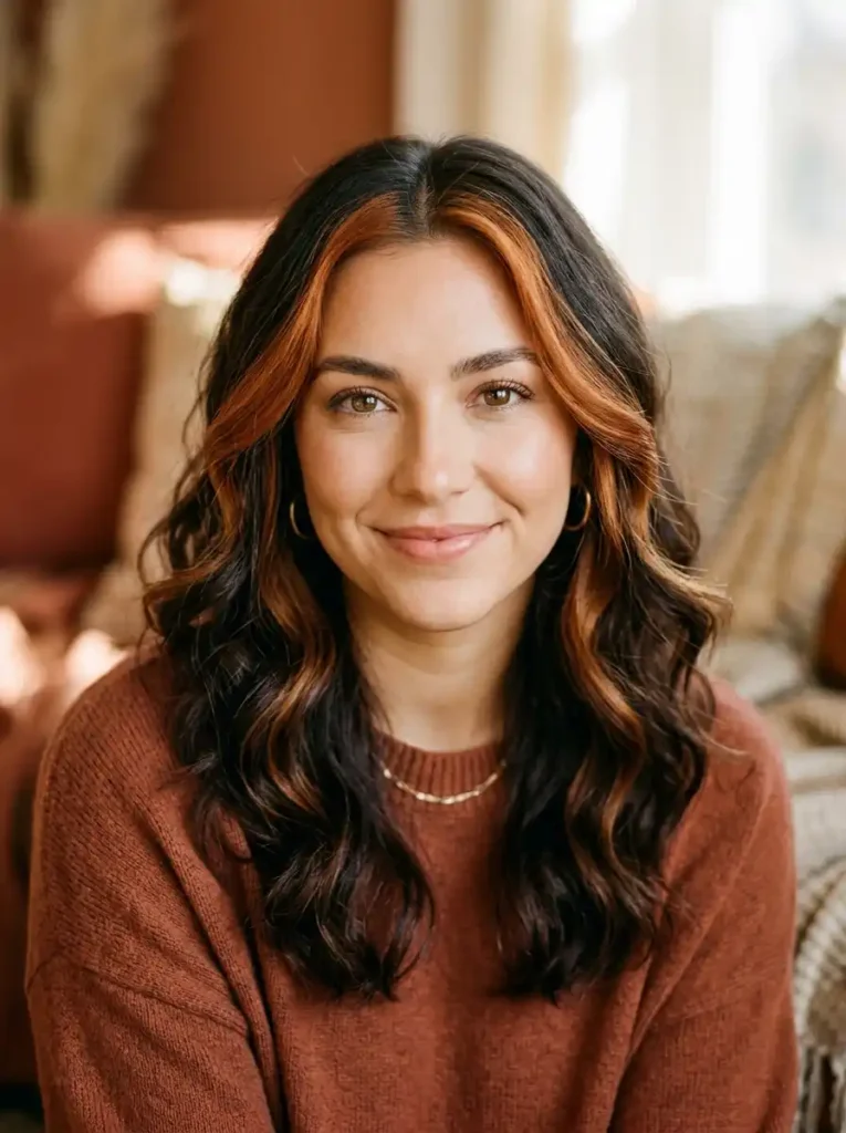 Cinnamon-Caramel Money Piece on Dark Brunette Hair