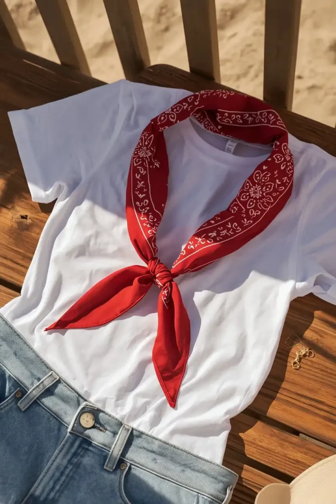 Classic Red Bandana Tied Around the Neck With a White Tee