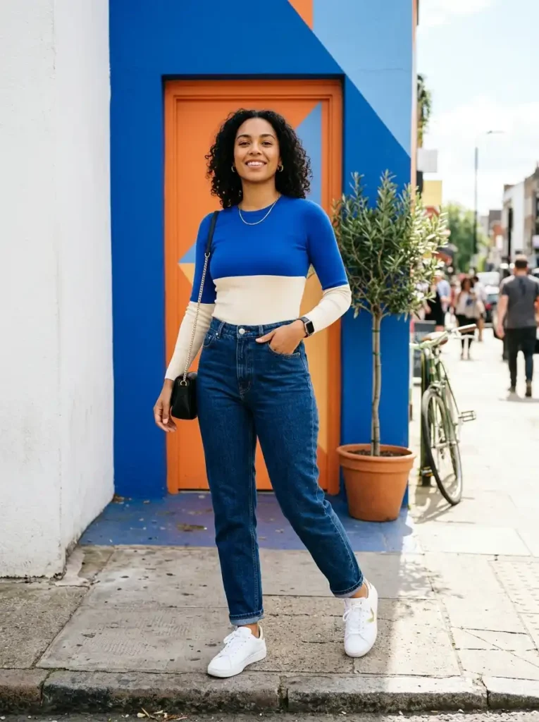 Colorblock Bodysuit With High-Waist Straight Jeans